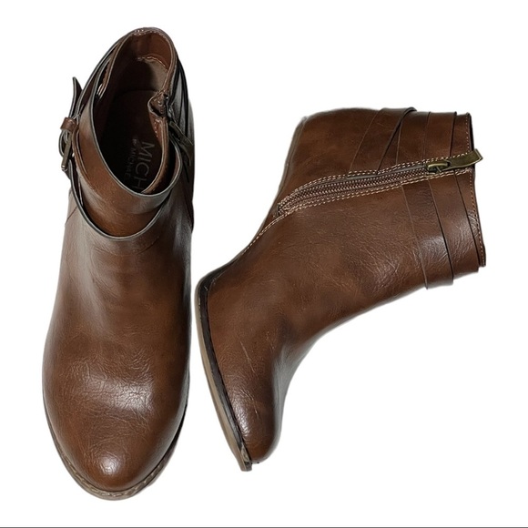 Michael by Michael Shannon Blair Boot Cognac Faux Leather Block Heel Moto Style - Picture 8 of 15